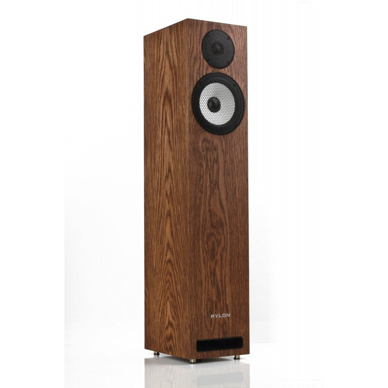 Walnut wood bookshelf speaker with black tweeter and woofer grilles