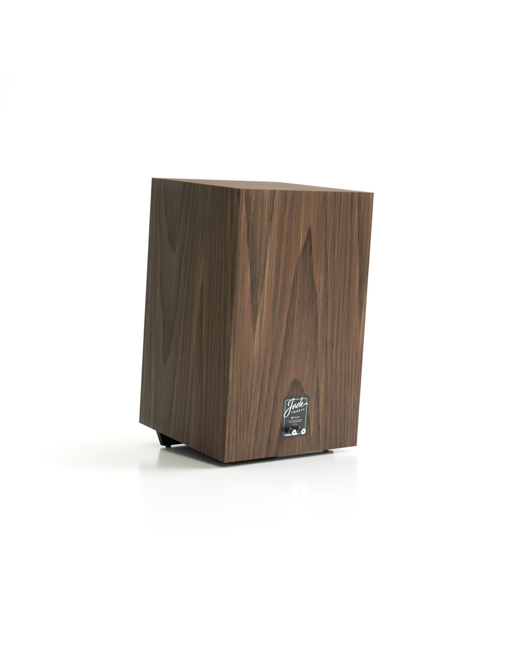 Wooden studio speaker cabinet with side badge, angled view
