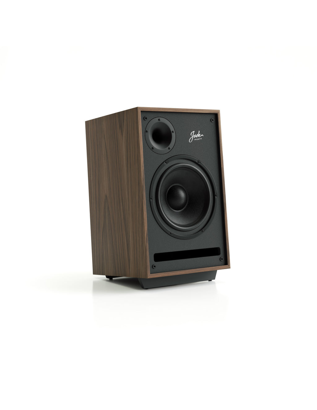 Wooden studio speaker with black front panel, two drivers, three-quarter view
