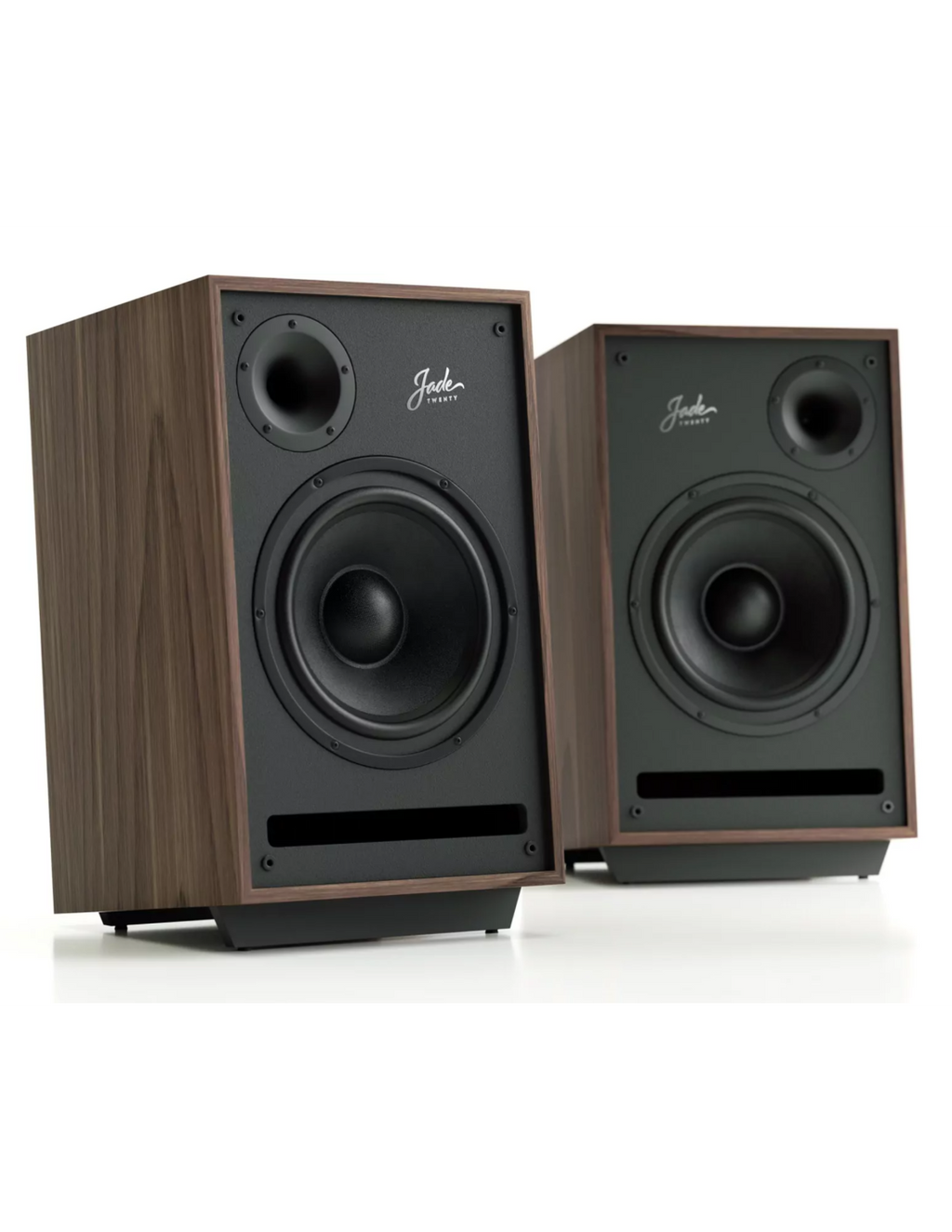 Wooden studio speaker with black front panel, woofer and tweeter, front view (pair)