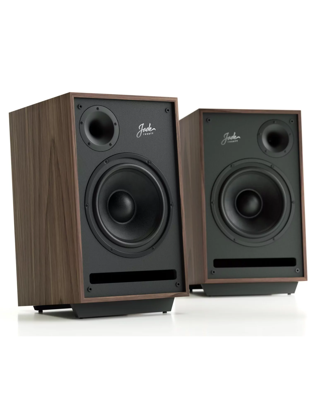 Wooden studio speaker with black front panel, woofer and tweeter, front view (pair)