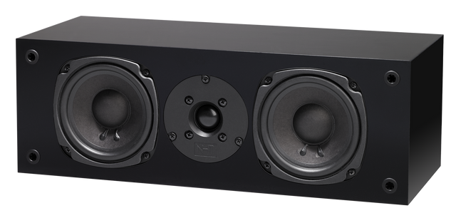 Black center channel speaker with dual woofers and front control panel