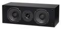 Black center channel speaker with dual woofers and front control panel