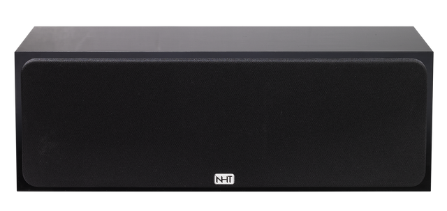 Black center channel speaker with front grille and NHT logo badge