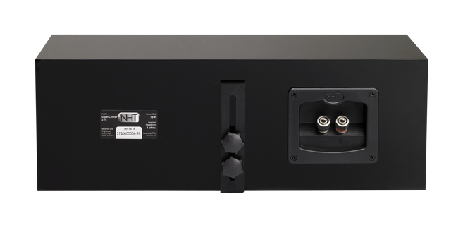 Back of black center channel speaker with speaker terminals and label