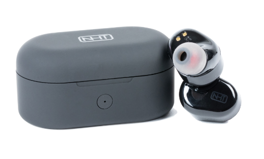 NHT 0.2 wireless earbuds with dark gray charging case and black ear tips