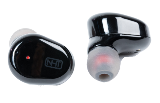 NHT 0.2 wireless earbuds, black earbuds with red indicator and charging ports