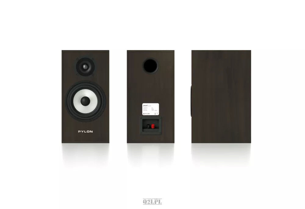 Pylon Audio Pearl monitor speakers, black views showing front drivers, rear ports, and side