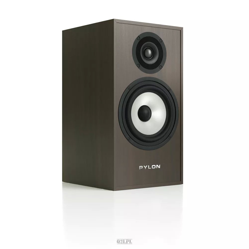 Pylon Audio Pearl monitor speaker, dark cabinet front with dual drivers and branding logo