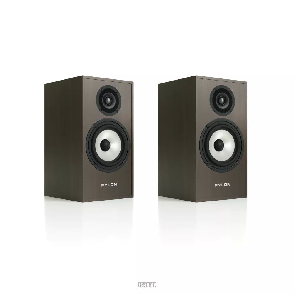 Pylon Audio Pearl monitor speakers, dark wood pair front view with dual drivers and port