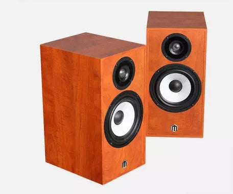 Pylon Audio Pearl monitor speakers, warm orange wood finish with dual drivers and front baffle