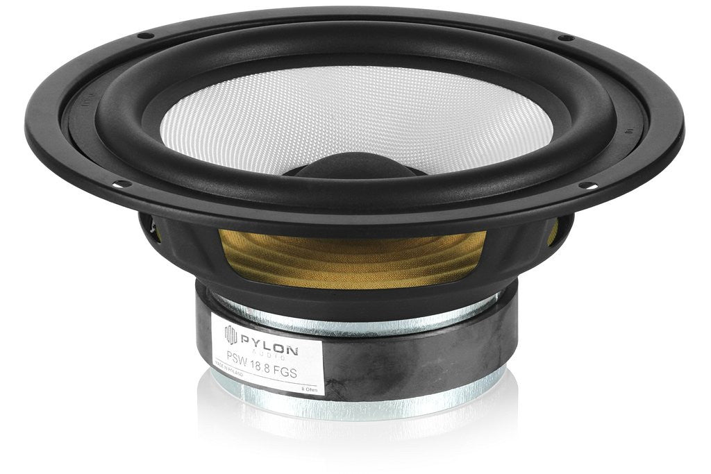 Black monitor speaker woofer with dust cap and gold-colored cone
