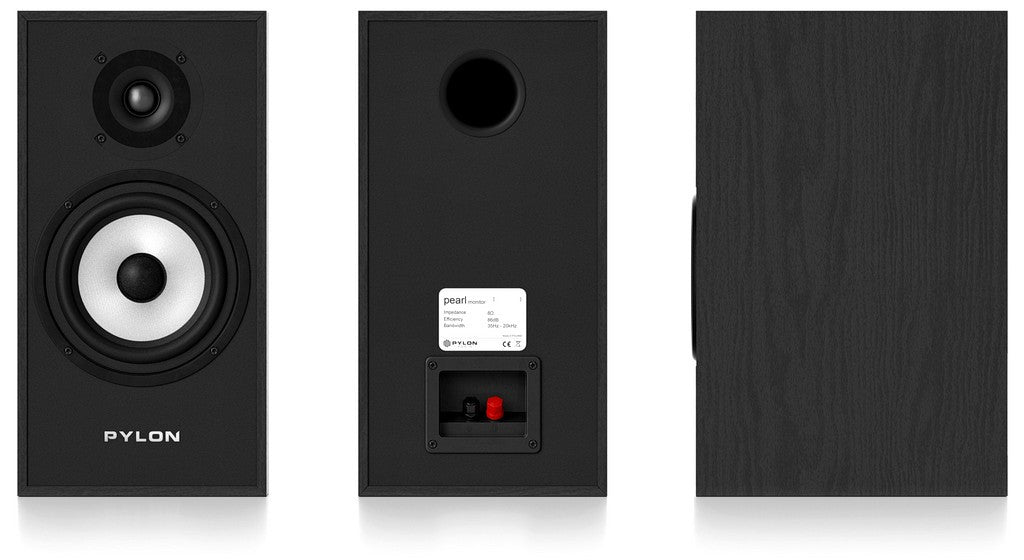 Black monitor speaker pair showing front grille, rear terminals, and side view