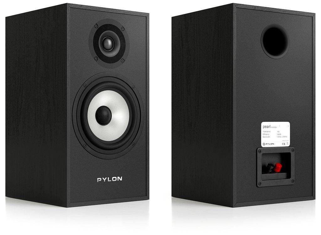 Black monitor speaker pair, front with woofer and rear panel with input terminals