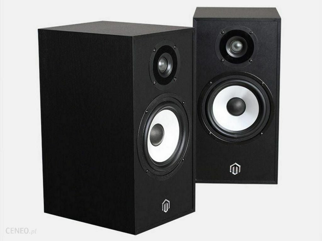 Black studio monitor speaker pair with dual drivers on front