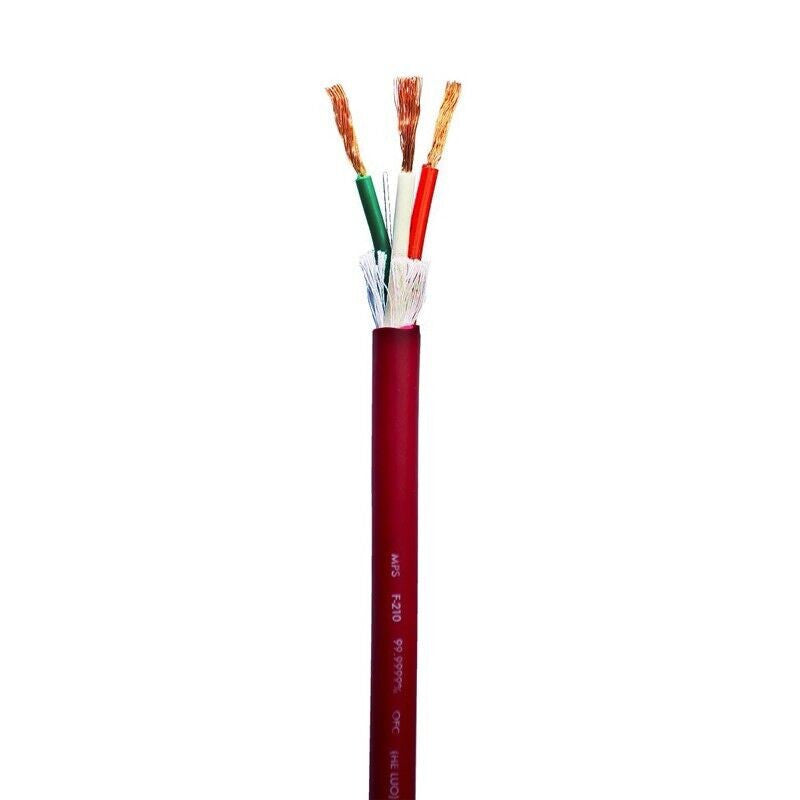 Red multiconductor electrical cable with exposed wire ends and printed jacket text
