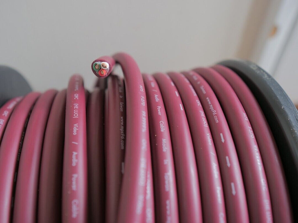 Coiled pink electrical cable close-up showing printed markings on the outer jacket