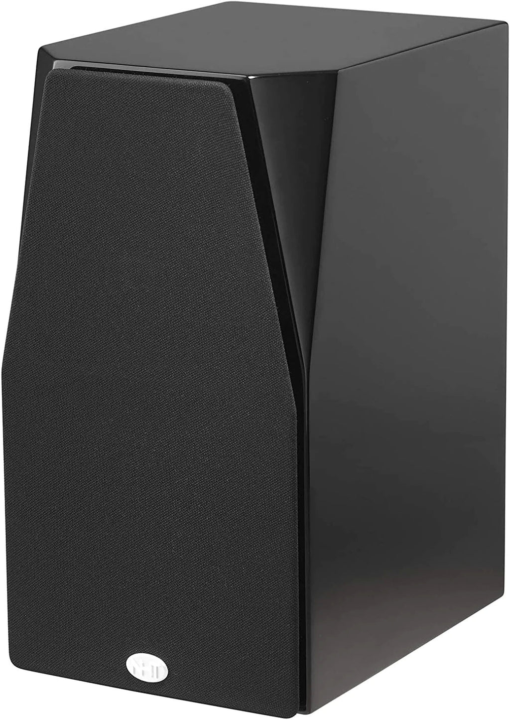 Black stand-mount loudspeaker three-quarter view with textured side panel