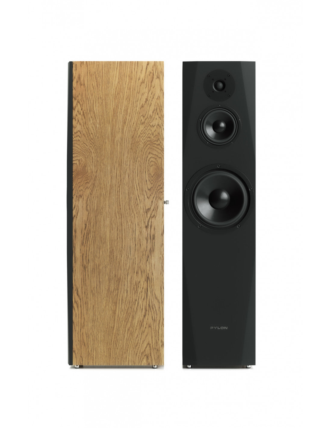 Pylon Audio Sapphire 31 floorstanding loudspeakers, warm wood veneer and black front baffles