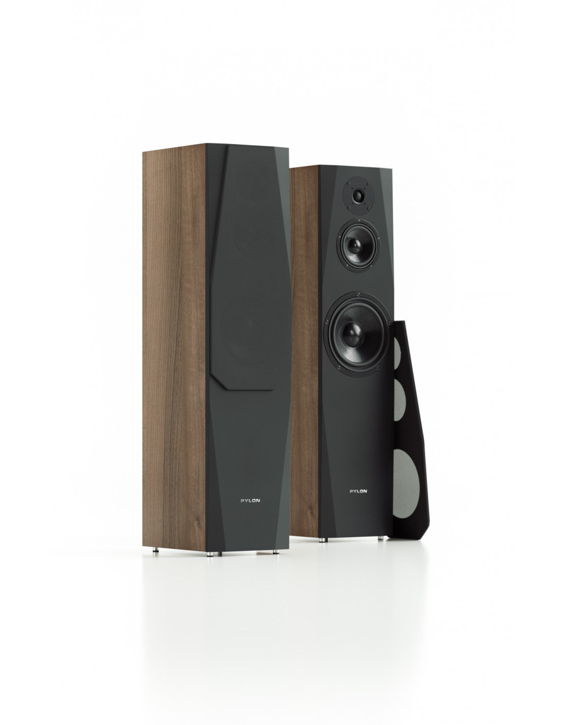 Pylon Audio Sapphire 31 floorstanding loudspeakers, angled view of wood and black cabinets