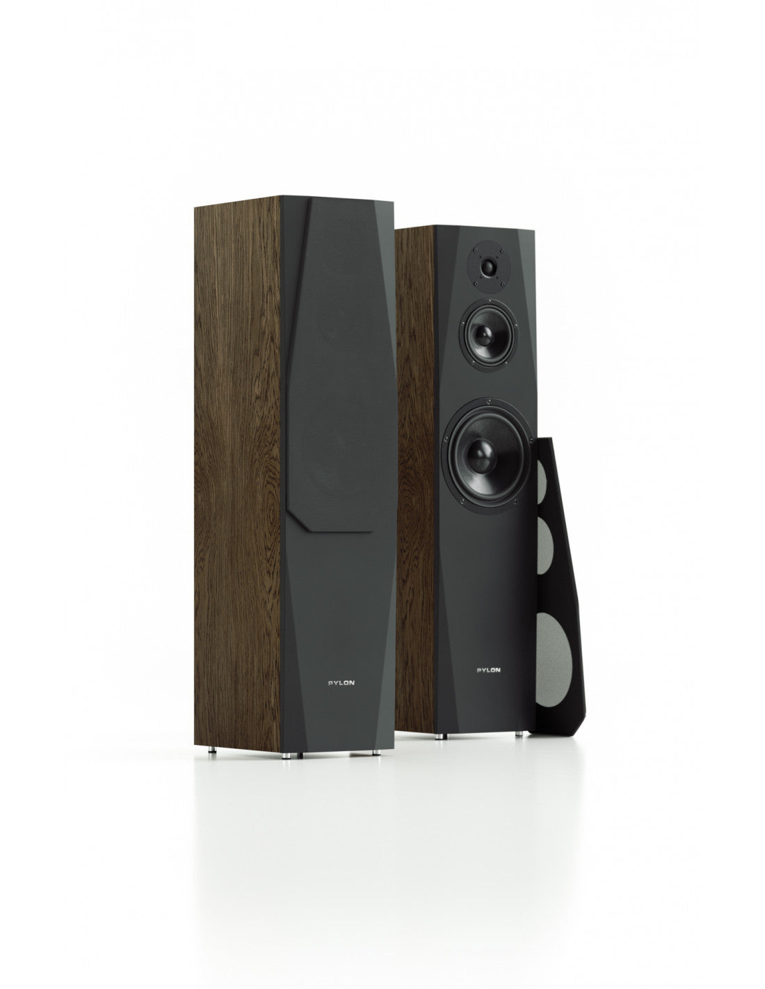 Pylon Audio Sapphire 31 floorstanding loudspeakers, angled view of wood veneer and black