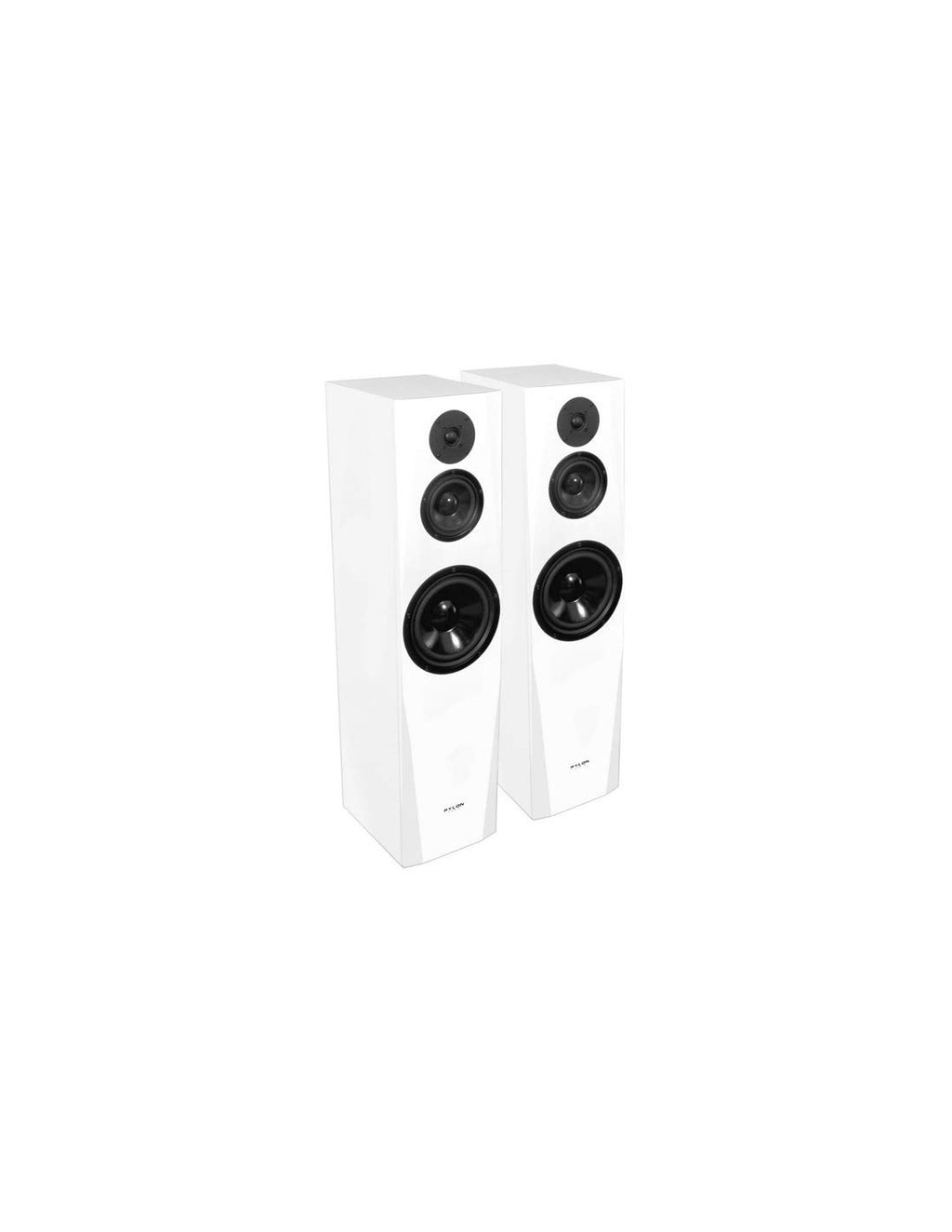 Gloss white floorstanding loudspeaker pair with tweeters and three mid/bass drivers