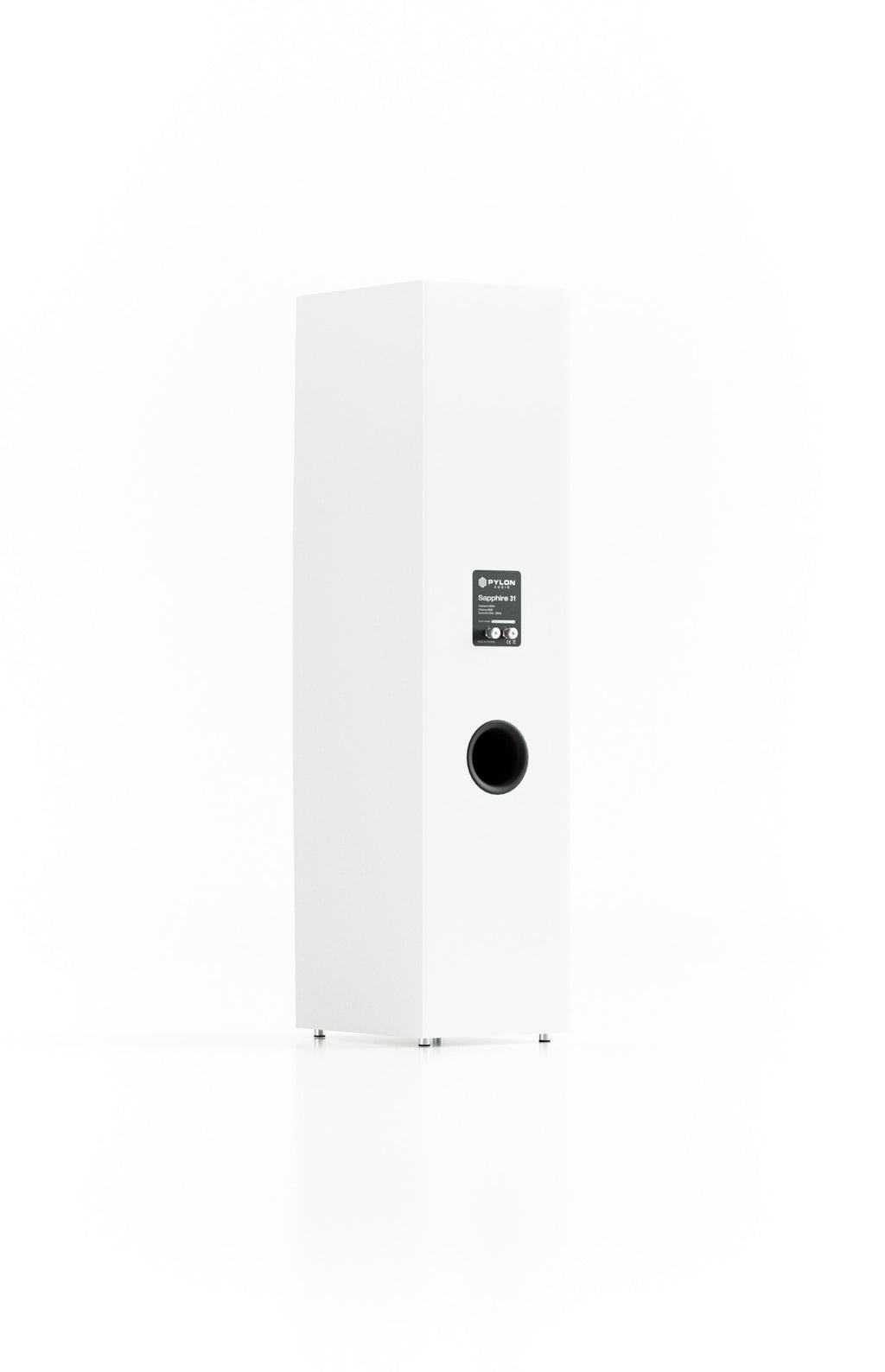 White floorstanding loudspeaker side view with front woofer and tweeter