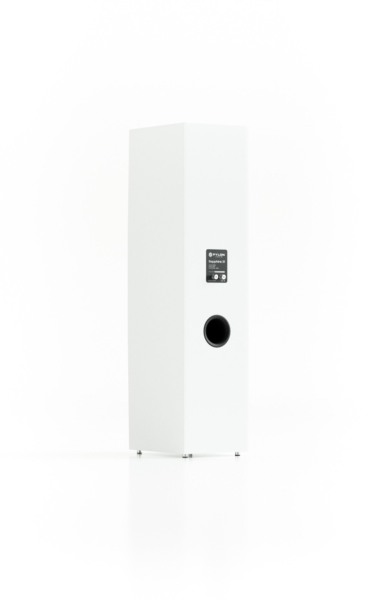 White floorstanding loudspeaker side view with front woofer and tweeter