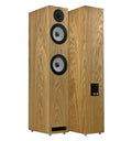 Wood veneer bookshelf speaker cabinet with three drivers and side control panel