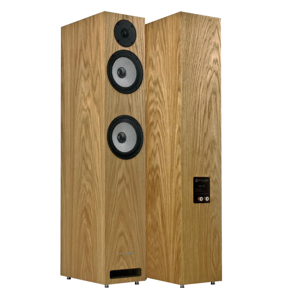 Wood veneer bookshelf speaker cabinet with three drivers and side control panel