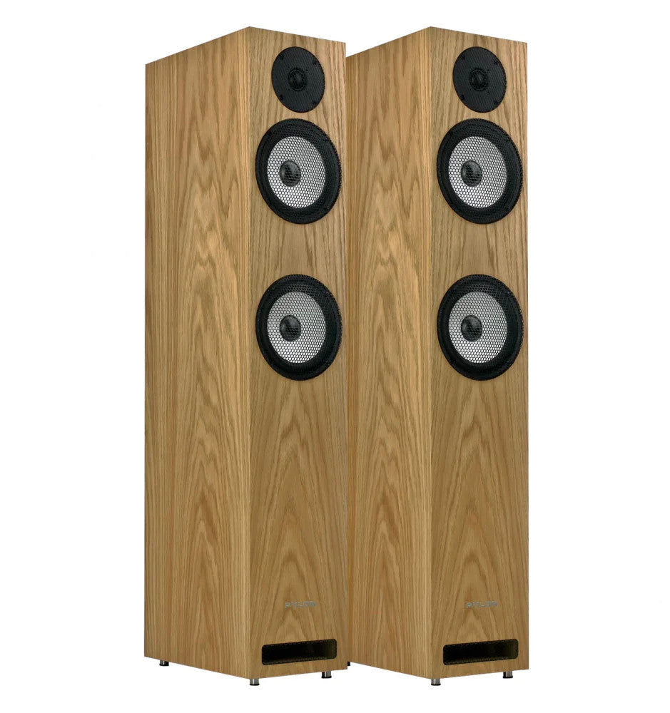 Wood veneer bookshelf speaker pair, each with three front drivers and black grilles
