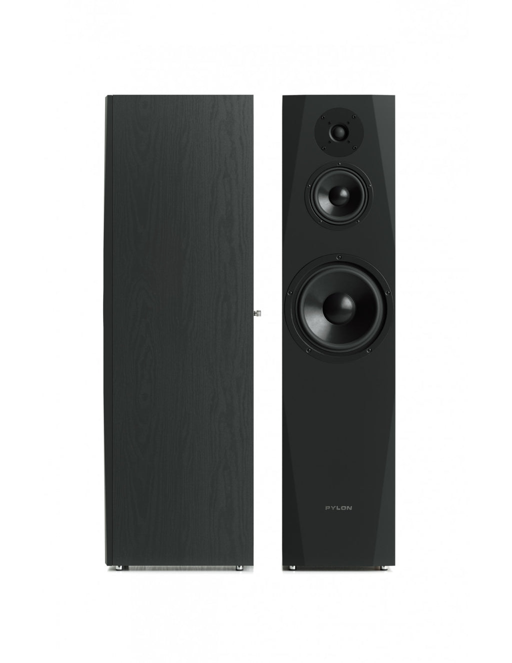 Black floorstanding loudspeaker pair with dual woofers and tweeter on front baffle