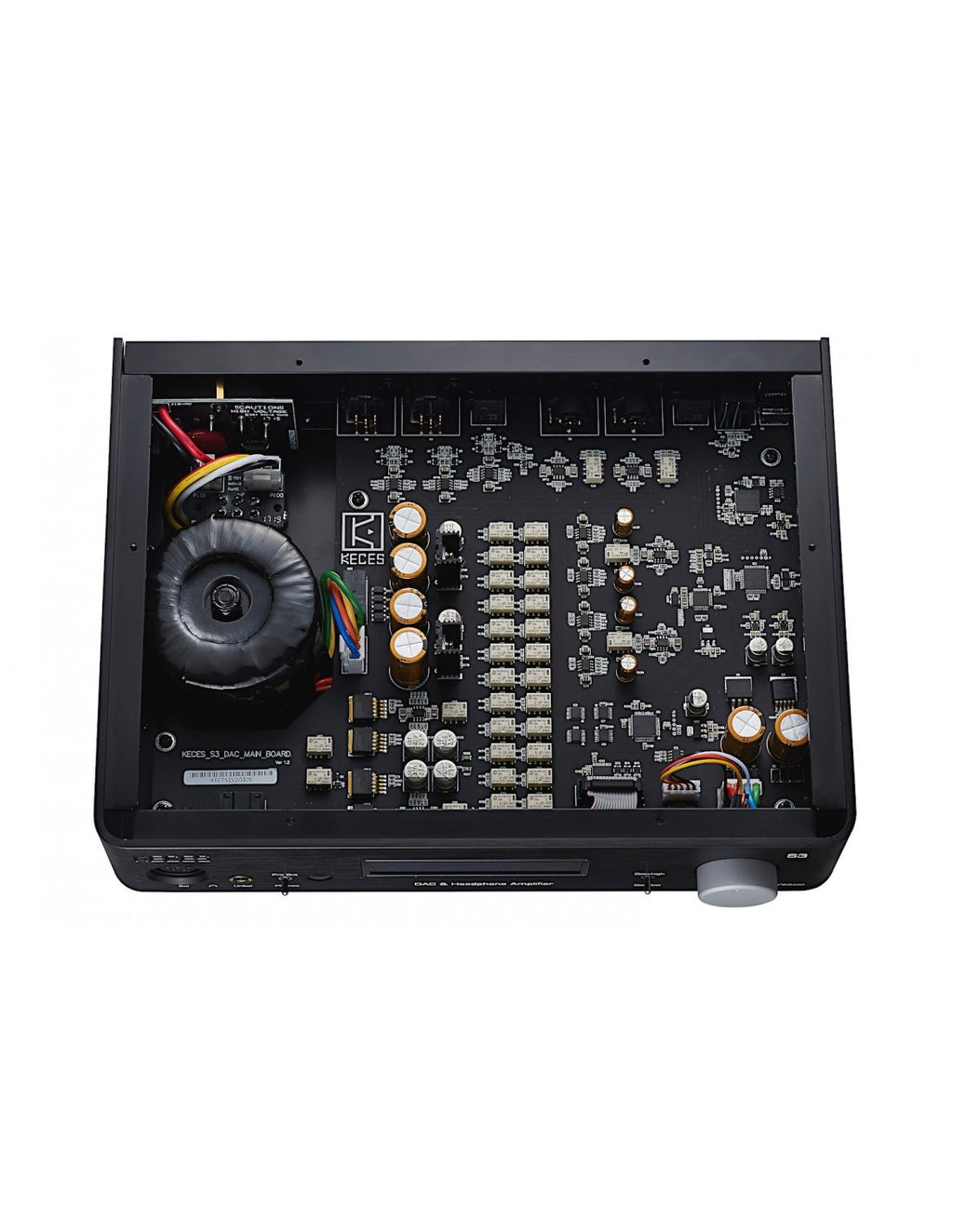 DAC and headphone amplifier with exposed circuit board and large cooling fan