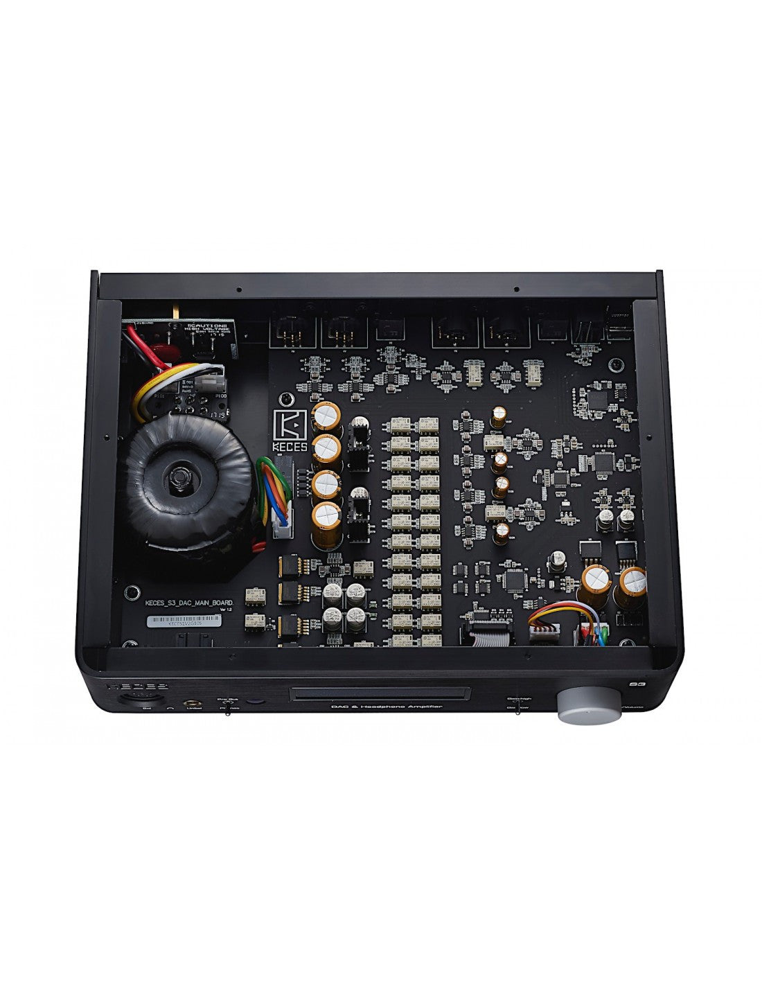 DAC and headphone amplifier with exposed circuit board and large cooling fan