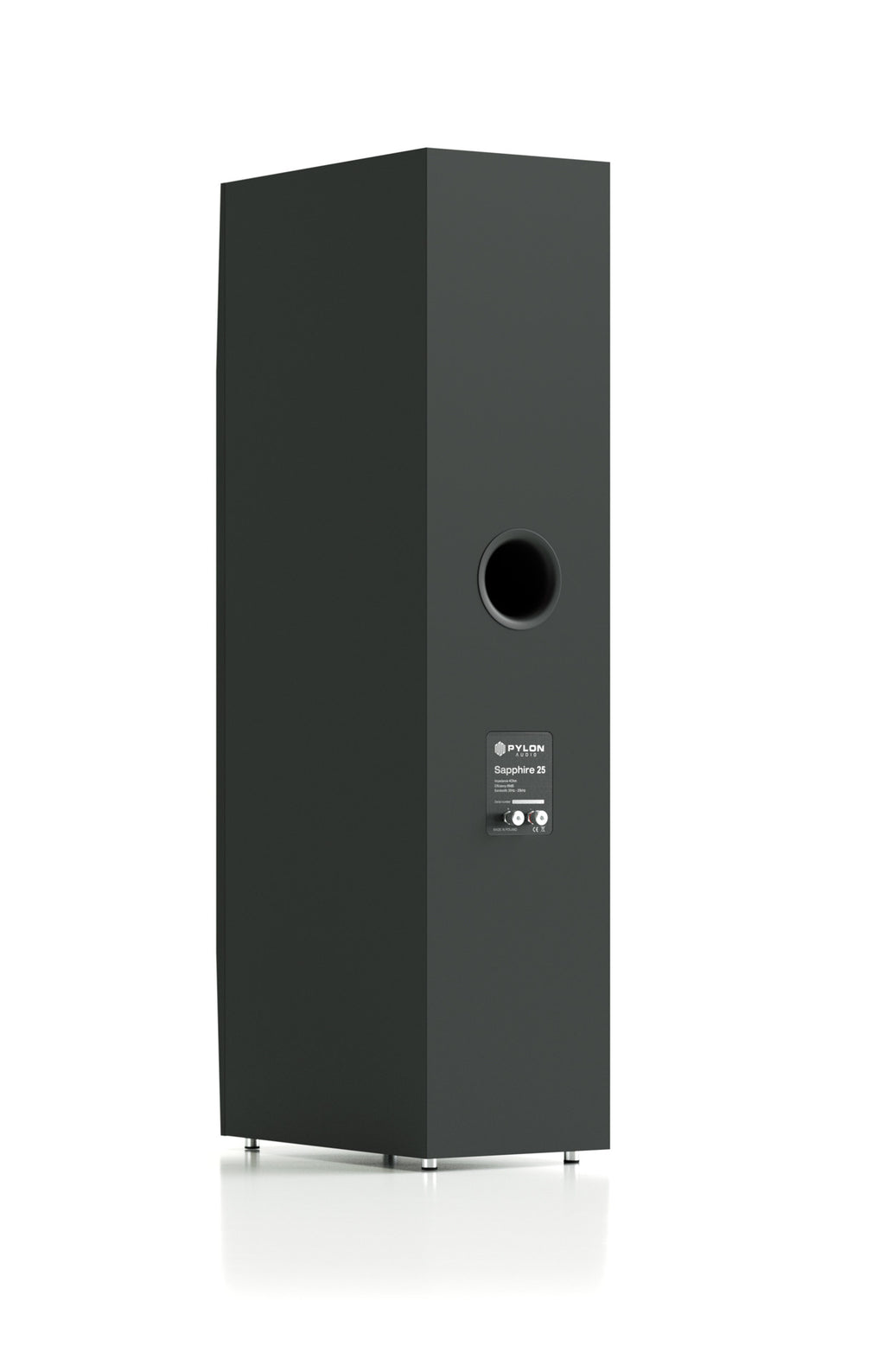 Black tower speaker rear panel with port opening and label, straight-on view