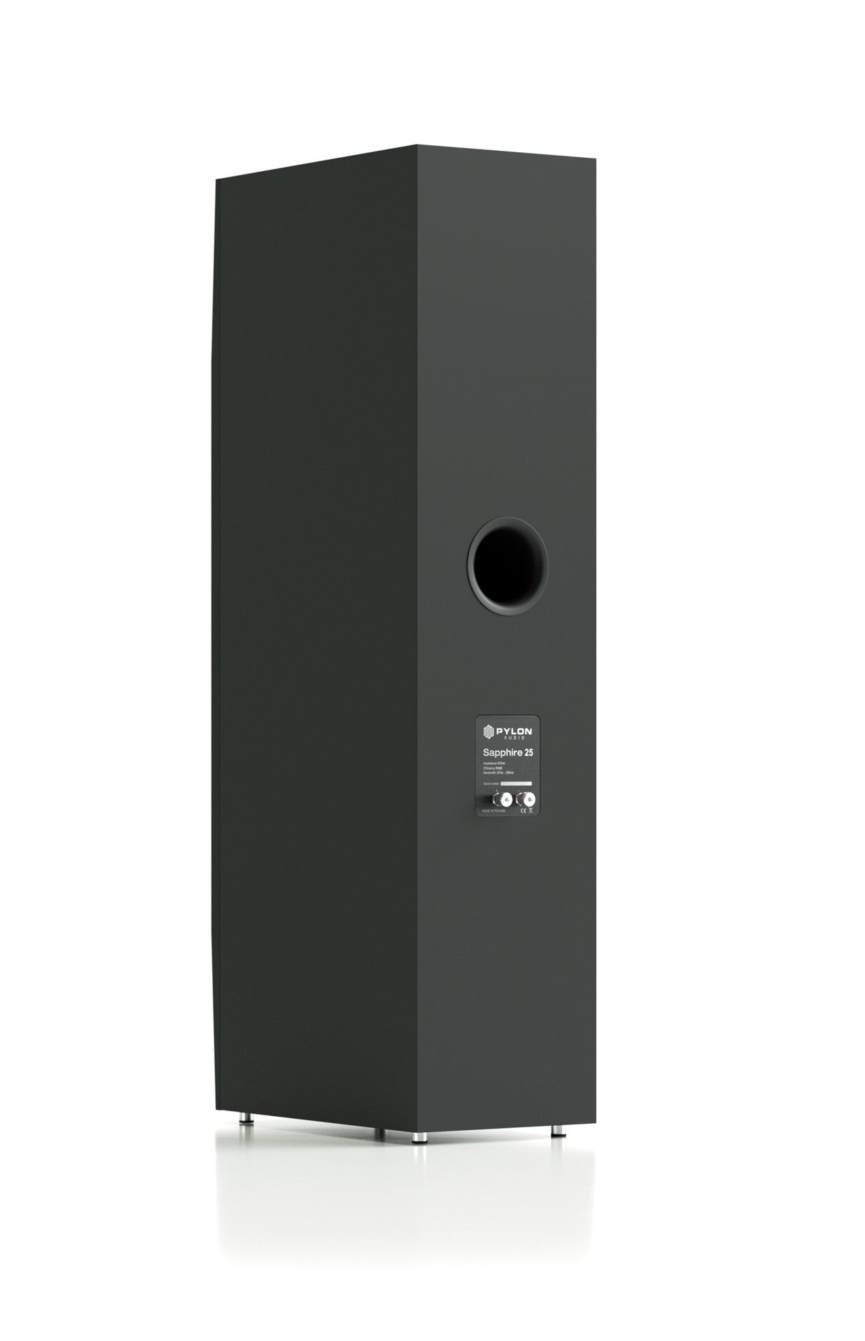 Black tower speaker rear panel with port opening and label, straight-on view