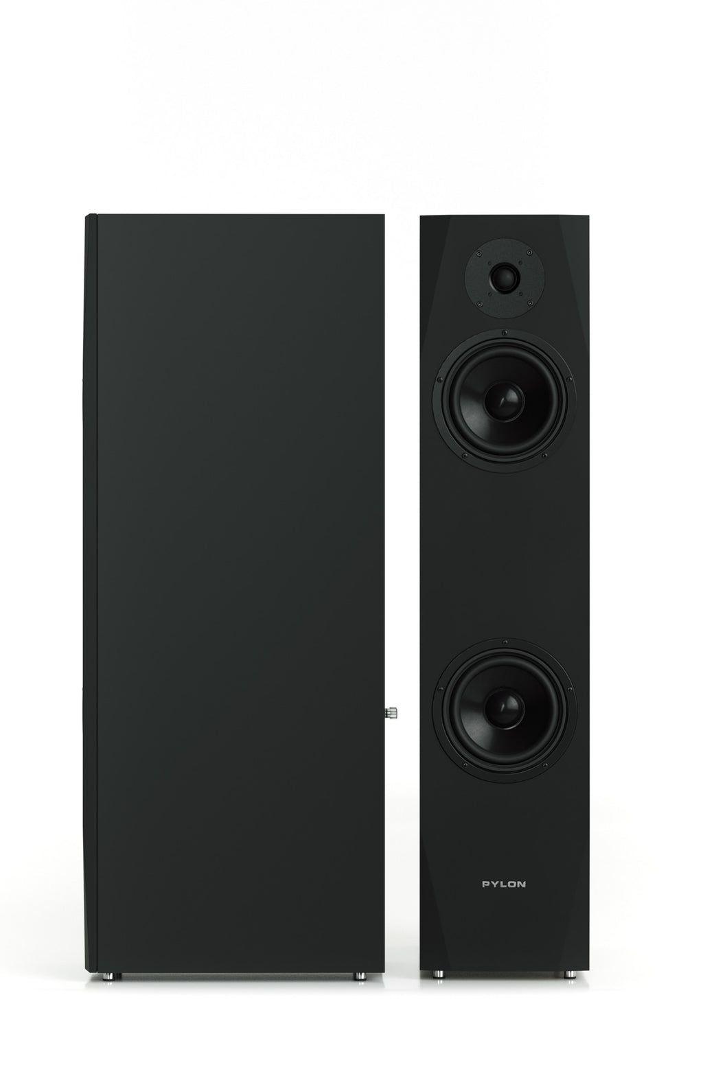 Black tower speaker with dual woofers and top tweeter, front view
