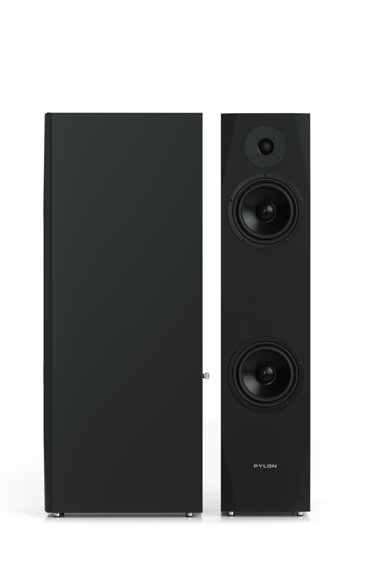 Black tower speaker with dual woofers and top tweeter, front view