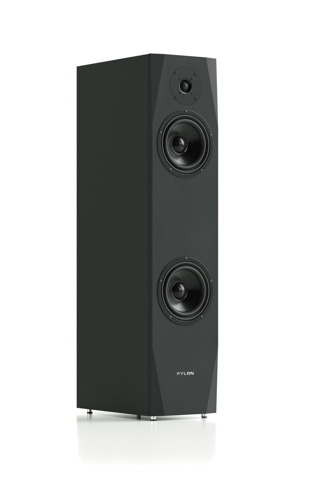 Dark gray tower speaker with dual woofers and top tweeter, front view
