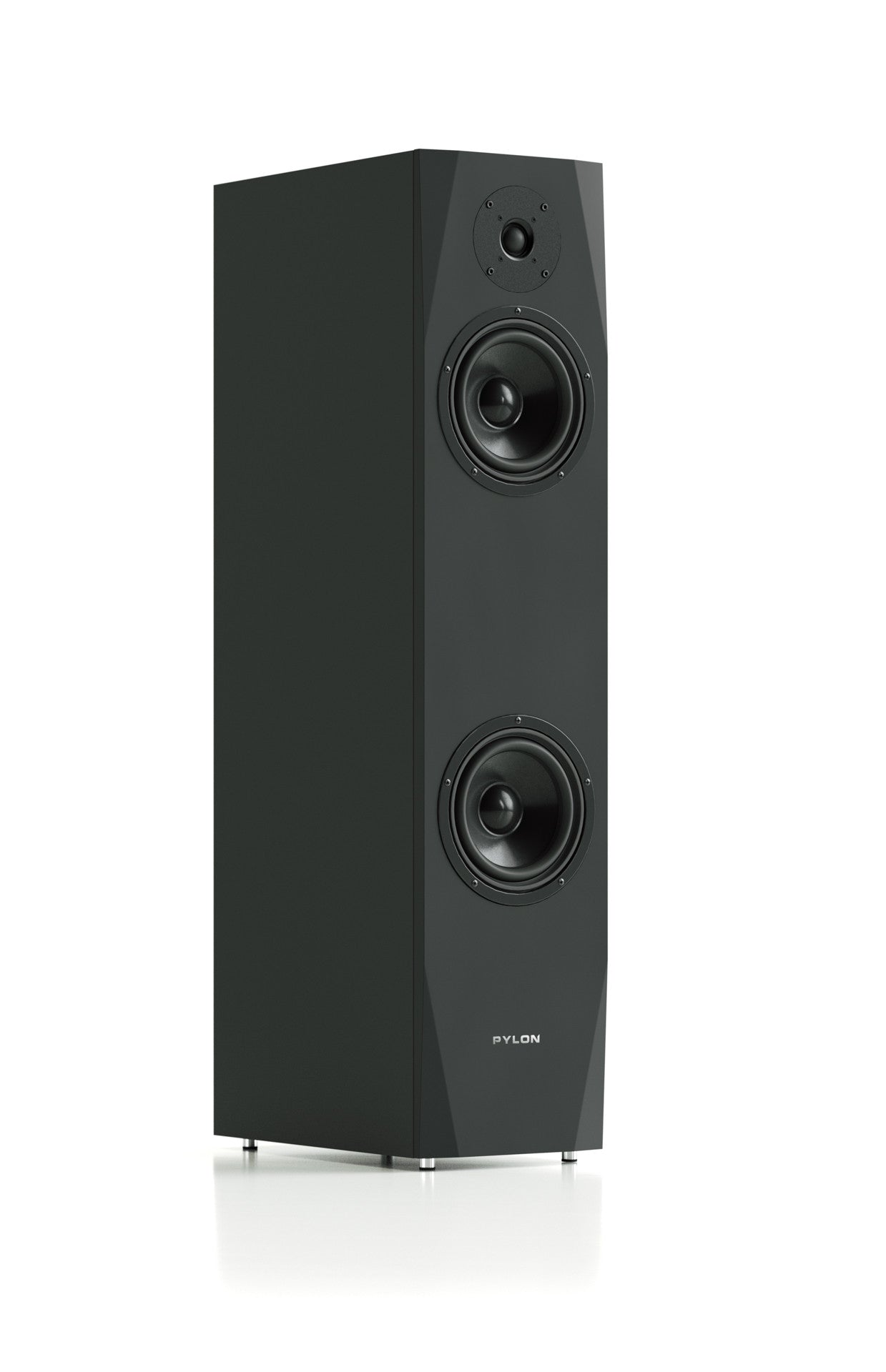 Dark gray tower speaker with dual woofers and top tweeter, front view