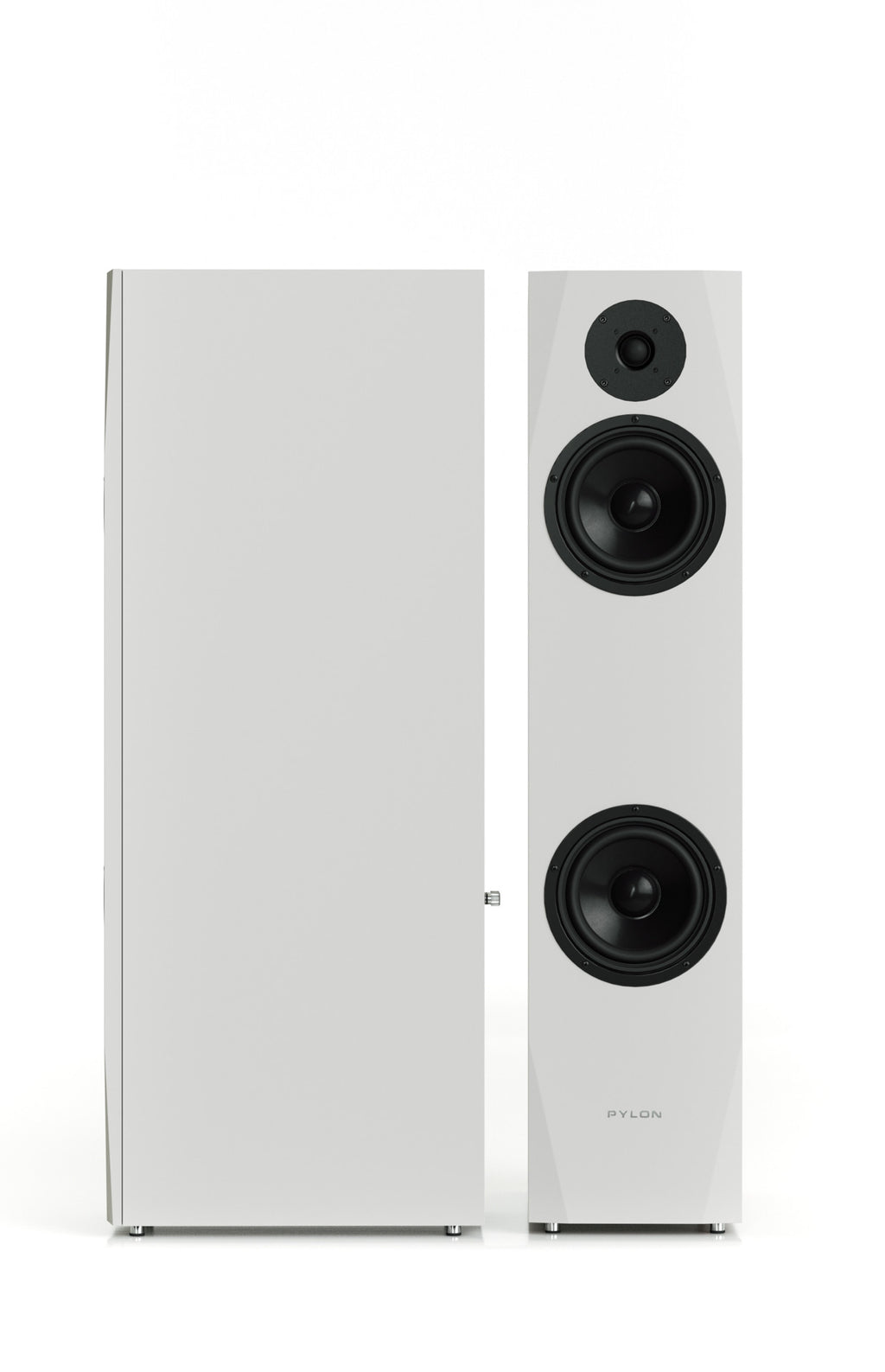 White tower speaker cabinet with two woofers and a top tweeter, front view
