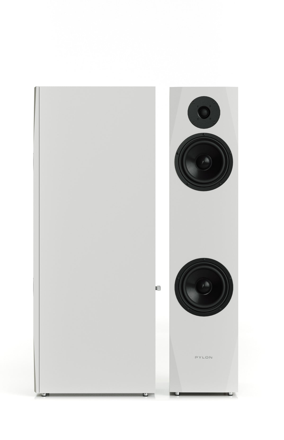 White tower speaker cabinet with two woofers and a top tweeter, front view
