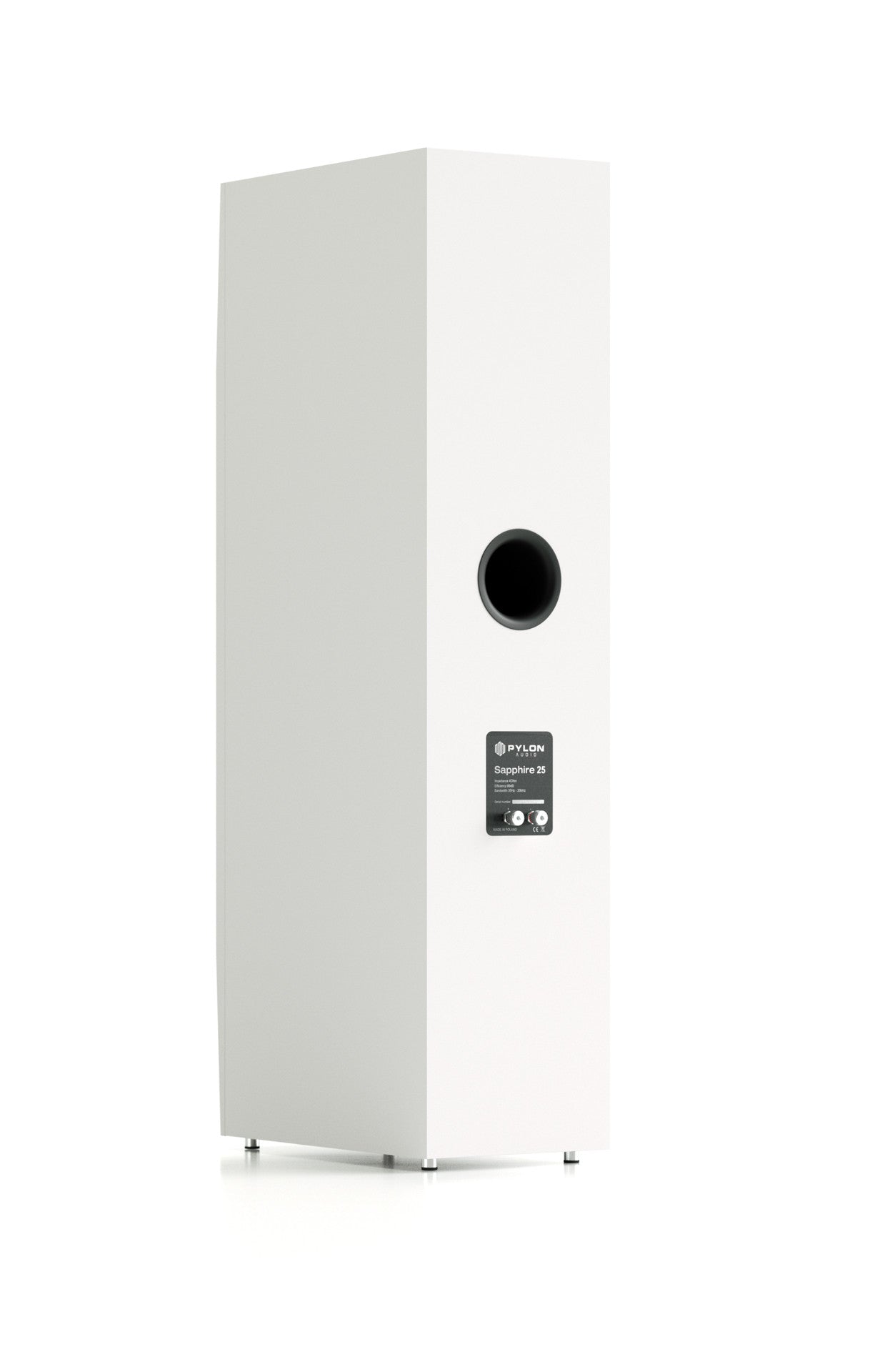 White tower speaker rear panel with circular port opening and label, straight-on view