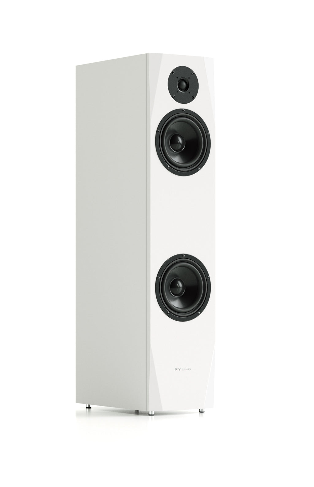 White tower speaker with dual woofers and top tweeter, front view