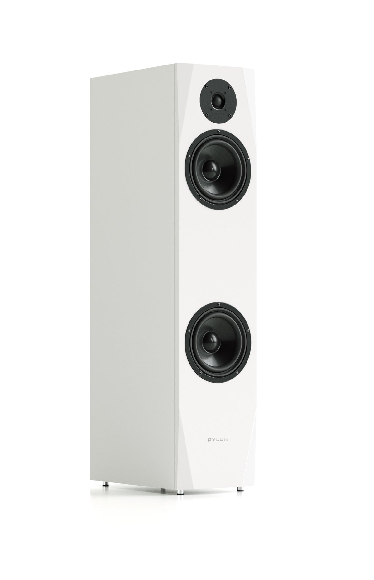 White tower speaker with dual woofers and top tweeter, front view