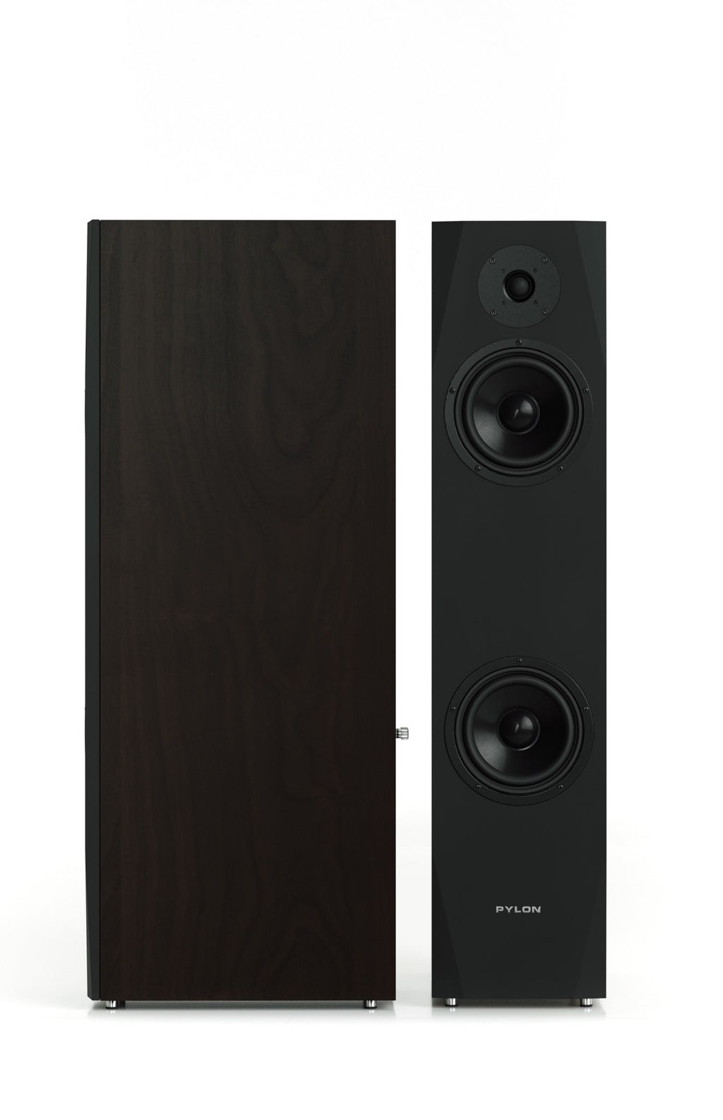 Dark walnut tower speaker cabinet with two woofers and a top tweeter, front view