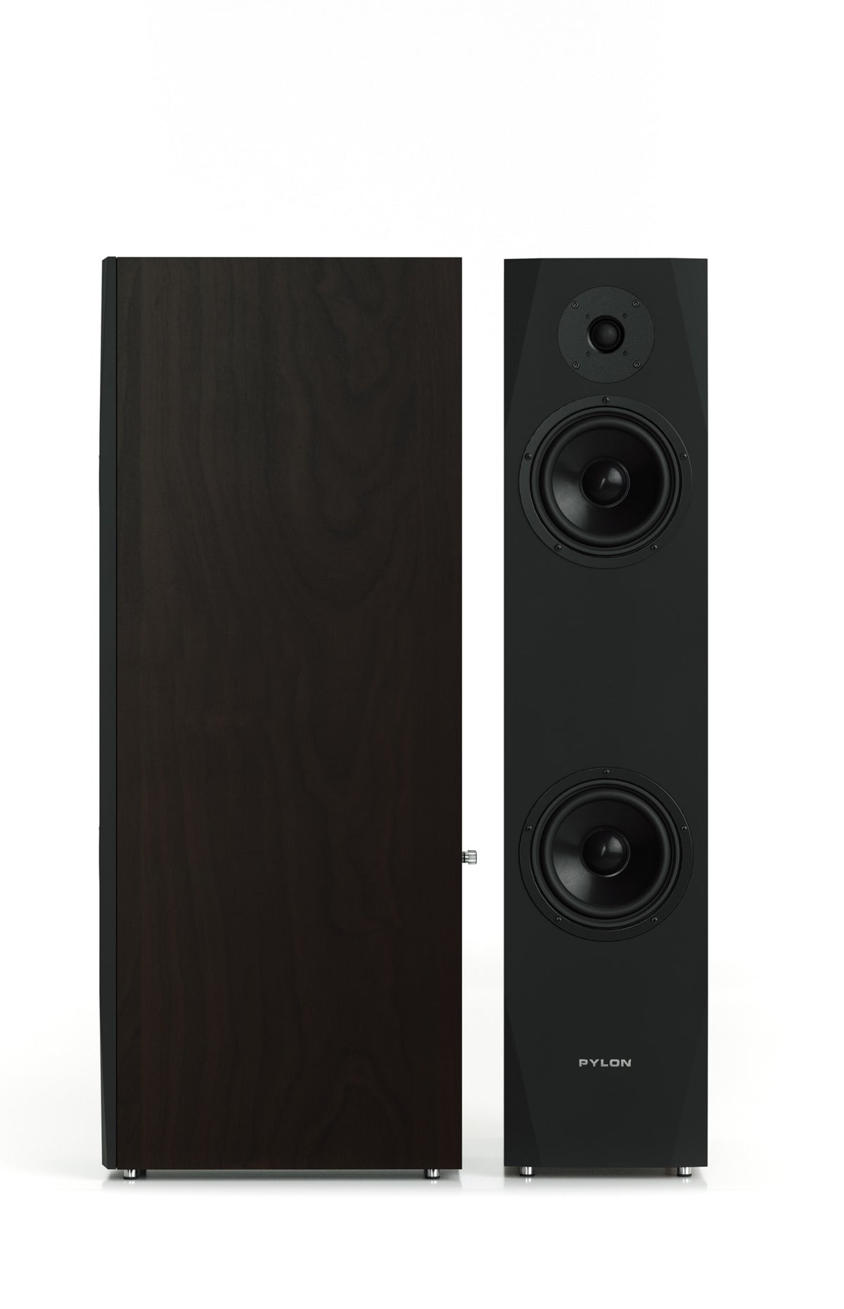 Dark walnut tower speaker cabinet with two woofers and a top tweeter, front view