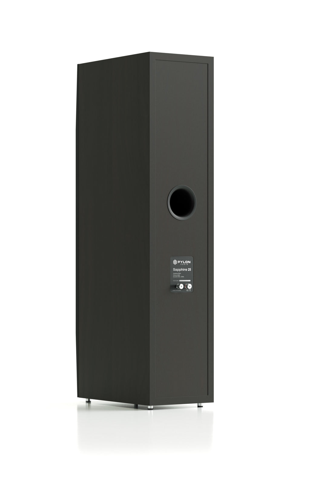 Dark gray tower speaker rear panel with port opening and label, straight-on view