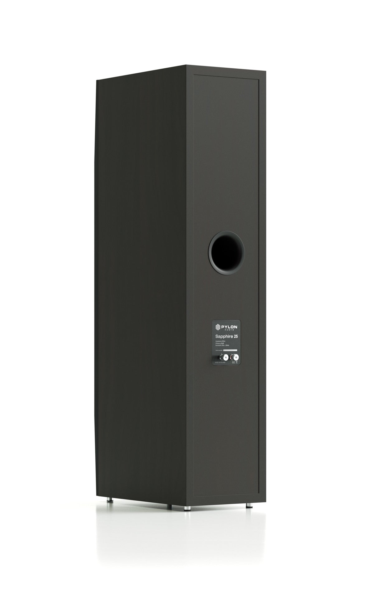 Dark gray tower speaker rear panel with port opening and label, straight-on view