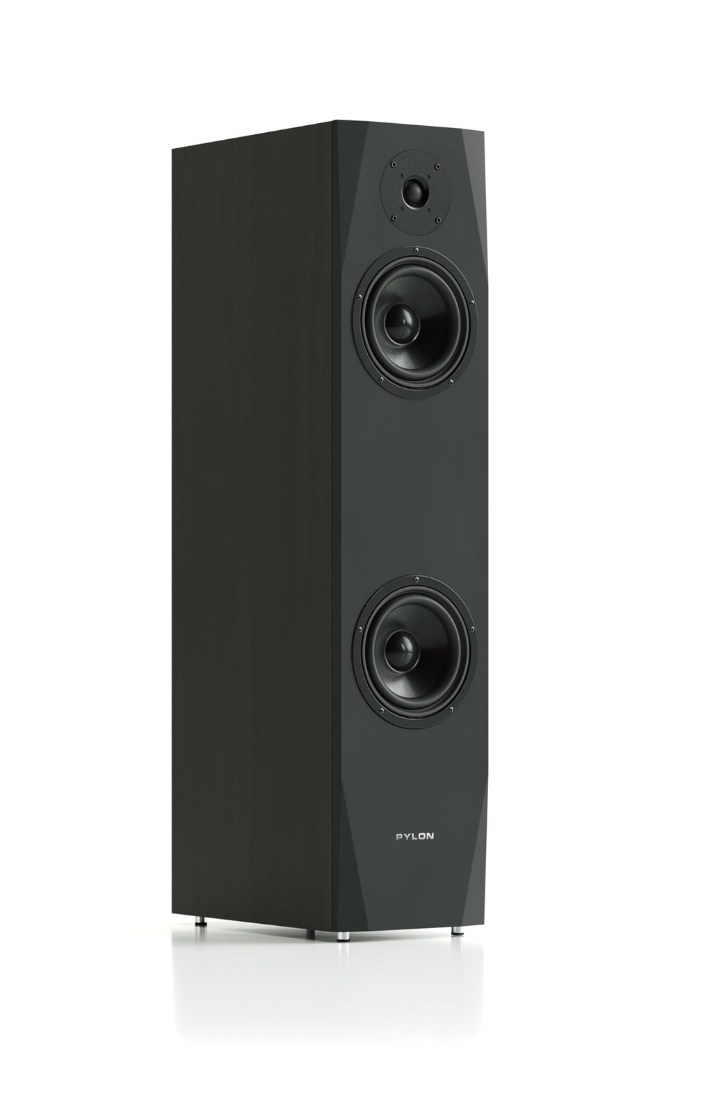 Dark gray tower speaker with dual woofers and top tweeter, front view
